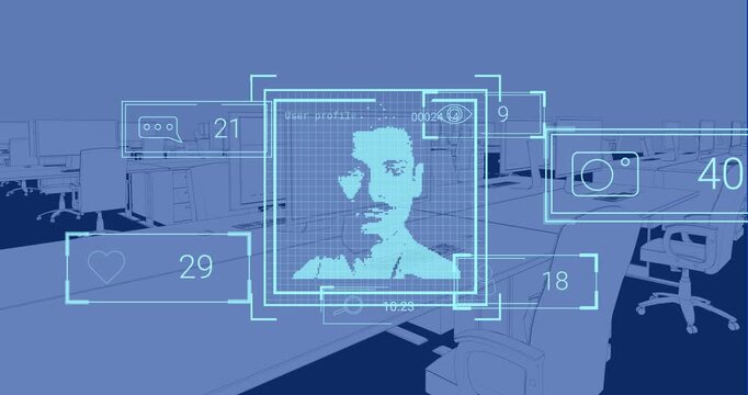Animation of multiple profile icons over 3d office model against blue background