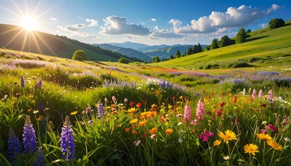 Fototapeta premium sunlit wildflower meadow in summer with mountain backdrop and golden sunlight