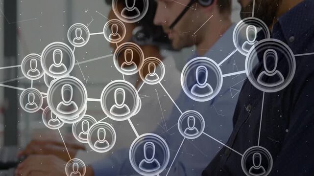 Hands typing keys initiating user-icon network overlay linking clients to agents wearing headsets