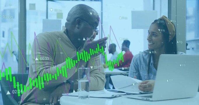 Senior mentor opening report and initiating animated charts while guiding mentee using finance data