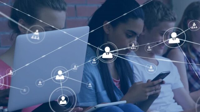 Group of classmates using digital devices, network icon appearing and spreading social connections
