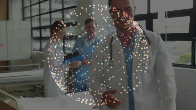 Medical team reviewing clipboard, data globe spinning as nurse entering and doctor stepping forward