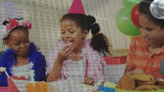 Center girl reaching for cookie, sampling treat after glancing at party, numeric overlay appearing