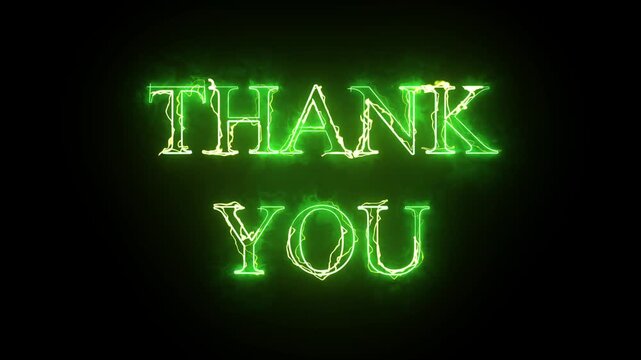 A neon green thank you message on a black background in a video