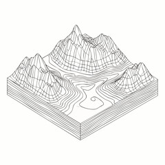 Obraz premium Wireframe isometric landscape with mountains and river, topographic map visualization, abstract 3D terrain model