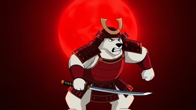 Polar Bear Samurai Warrior Under Blood Moon Animation