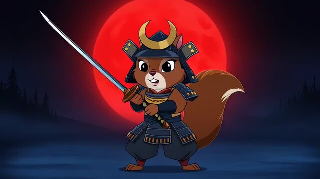 Animated Squirrel Samurai Brandishing Katana under Red Full Moon