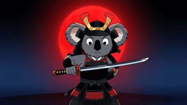 Animated Koala Samurai Drawing Sword Under Red Sun
