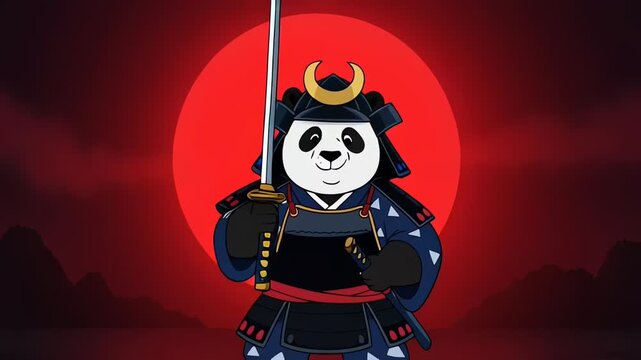 Samurai Panda Drawing Katana Against Red Sun Animation