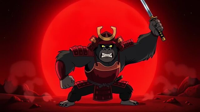 Gorilla Samurai Warrior in Front of Blood Moon