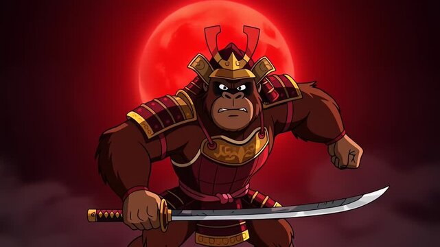 Powerful Samurai Gorilla unsheathes Katana under Blood Moon