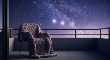 Obraz premium Cozy thick blanket wrapped around a seat on a dark balcony facing a twinkling starry sky, reflecting the quiet mood of late night insomnia, stillness, night, insomnia