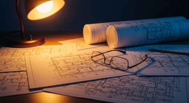 Cluttered desk displays intricate blueprints and technical drawings under warm lamp light. Reading glasses rest on paper during late hours, construction, blueprints, dim