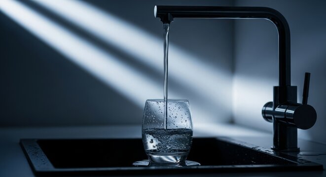 Cool water flows from a sleek metal faucet into a clear glass inside a dark kitchen setting at midnight with soft ambient lighting effects, vessel, quiet, tap