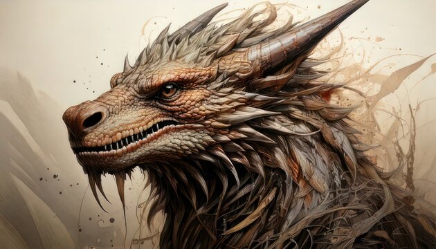 Detailed Dragon Portrait with Spikes and Furry Mane in Digital Art.