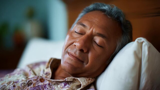 Serene Sleep: Capturing the Peaceful Slumber of an Older Man with a Warm Expression and Comfortable Surroundings in a Calm Bedroom Setting
