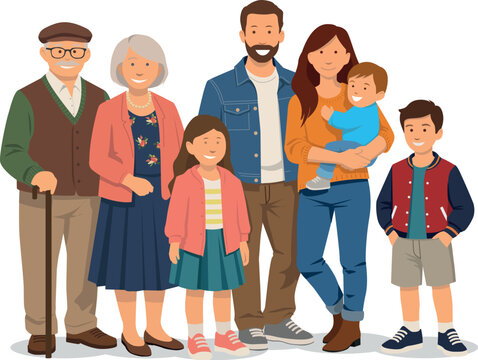 illustration vectorielle montrant une famille unie et souriante sur trois g&eacute;n&eacute;ration, &egrave;re, m&egrave;re, enfants et grands parents