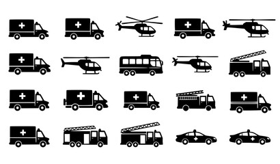 Emergency Vehicle Icon Set with Ambulances, Helicopters, Fire Trucks, Police Cars, and Rescue Transport Elements for Medical, Safety, and Emergency Response Design © SAHEDUL