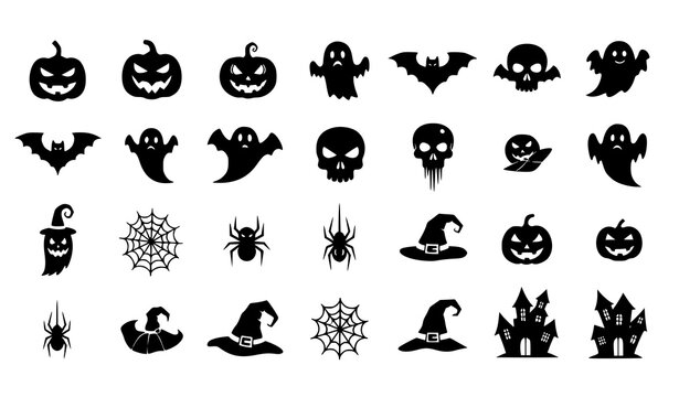 Halloween Icon Set with Pumpkins, Ghosts, Bats, Skulls, Spiders, Webs, Witch Hats, and Spooky Symbols for Holiday Party and Decoration Design
