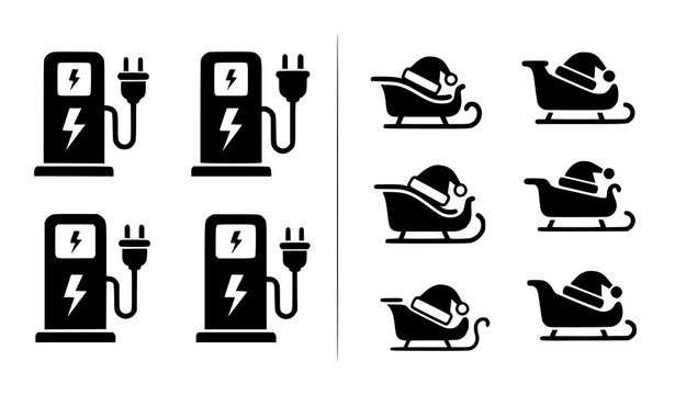 Electric Vehicle Charging and Electric Scooter Icon Set with EV Stations, Power Plugs, Lightning Symbols, and E Mobility Transport Elements for Sustainable Design