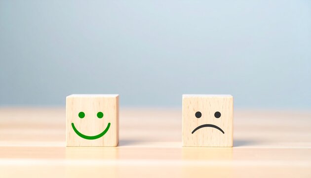 Smiling and frowning wooden blocks.