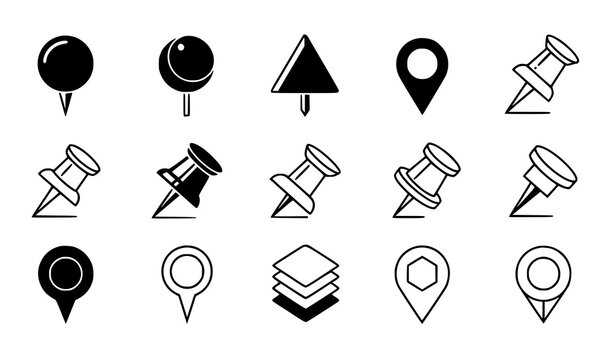 Map Marker and Push Pin Icon Set with Location Pins, Navigation Symbols, GPS Indicators, and Layered Map Elements for Apps, Travel, and Direction Design