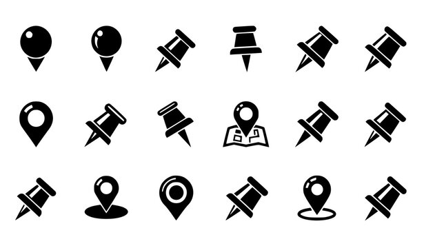 Map Pin and Push Pin Icon Set with Location Markers, Navigation Symbols, GPS Pointers, and Geolocation Elements for Maps, Apps, and Travel Design