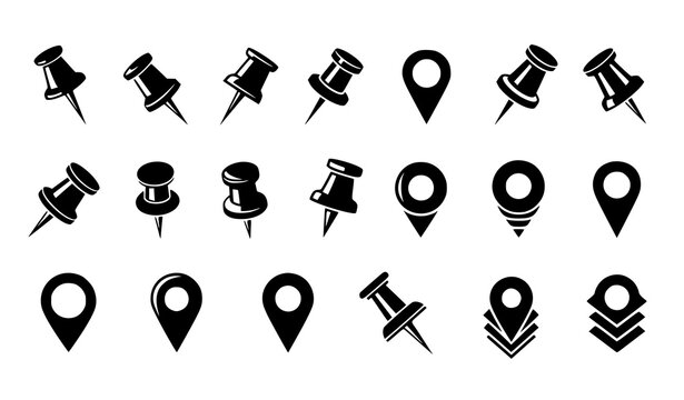 Map Pin and Push Pin Icon Set with Location Markers, GPS Navigation Symbols, Pointer Icons, and Geolocation Elements for Maps, Apps, and Travel Design