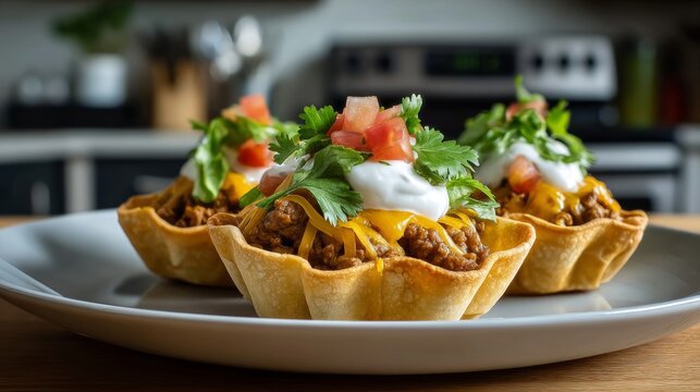 Mini taco cups served on a white plate with a soft kitchen background, styled to look fresh, colorful, and delicious.
