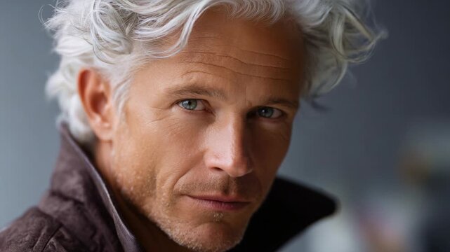 Captivating Close-Up of a Thoughtful Man with Stylish Gray Hair and Intense Blue Eyes, Exuding Confidence and Charisma in a Softly Lit Background Setting