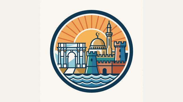 Jerusalem City Skyline Emblem with Sunburst Background