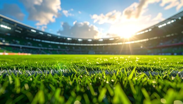 Grass Level Perspective of Stadium Field with Crowd and Copy Space horizontal format