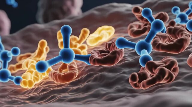 Penicillin interacting with bacterial transpeptidase enzymes. The enzyme structures glow brightly as they attempt to form new cell-wall links, but penicillin molecules attach and dim their activity