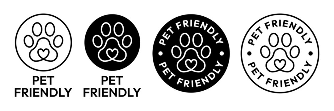 Pet Friendly icon set. Vet approved, Veterinary diet, Veterinarian approved icons. Pet Friendly logo, label, sign, badge, symbol, line, flat vector, isolated illustration. Dogs and cats allowed sign.