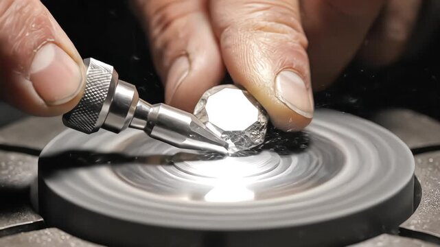 Close up of an artisan lapidary cutting and polishing a rough gemstone on a spinning faceting wheel