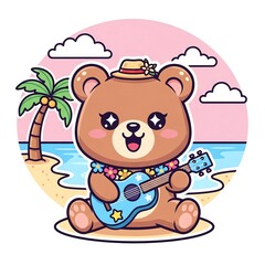 Fototapeta premium Cute Bear Playing Ukulele on Beach.