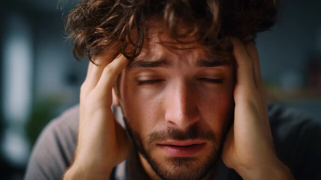 A young man expresses deep emotional struggle and anxiety, showcasing a moment of intense frustration and overwhelming feelings on his face as he holds his head.