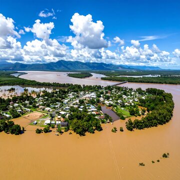 Aerial shot reveals a flooded community surrounded by muddy water, mountains and blue sky