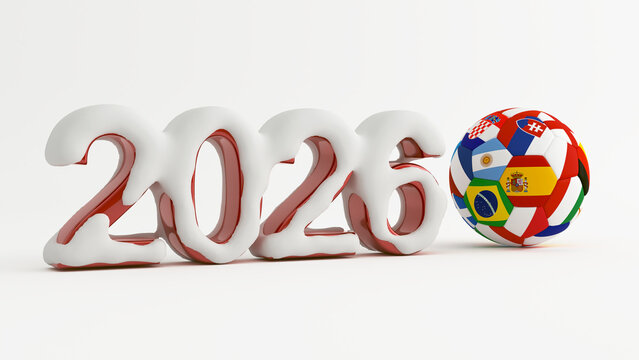 Red 2026 soccer championship year with winter snow and world flags football