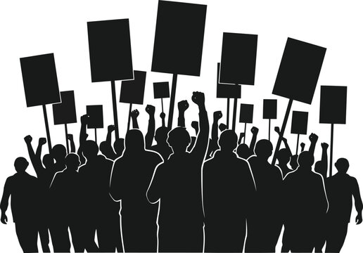 Protest crowd silhouette with blank signs and raised fists for political activism and social movements