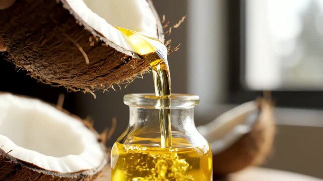 Pure coconut oil pouring into a glass bottle from a coconut shell