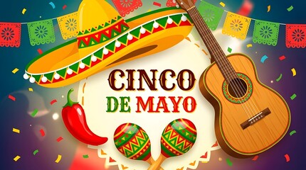 Fototapeta premium A horizontal design featuring a classic acoustic guitar, a large sombrero, and colorful bunting flags on a blurred festive background.