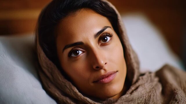 A Serene Journey: Captivating Expressions of a Woman with a Headscarf from Sleep to Awakening, Highlighting Composure and Depth in Her Eyes