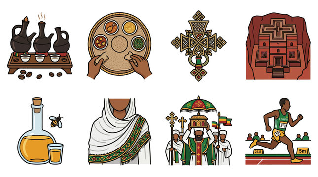 Ethiopian Culture Heritage Food and Landmarks Vector Icons Set