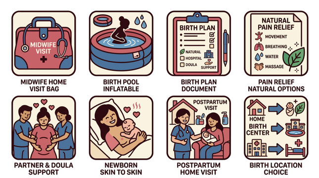 Home Birth and Midwifery Support Icons and Infographic Elements