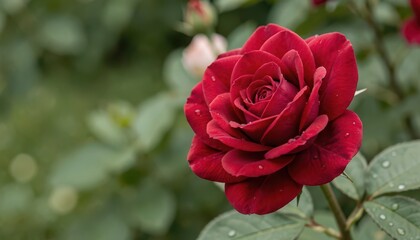 Naklejka premium Beautiful Red Rose Blooming in a Lush Garden with Water Droplets