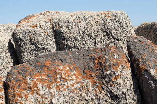 Volcanic rock texture with orange lichen detail at Piedra del Trueno, Chile