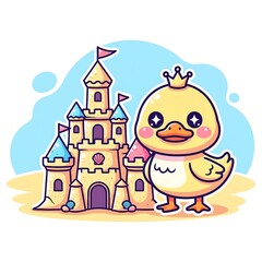 Obraz premium Cute Duck Princess with Sandcastle Illustration.