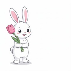 Obraz premium Cute White Bunny Holding a Pink Tulip Flower Illustration on White Background
