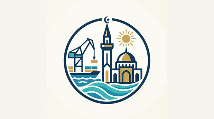 Fototapeta premium Coastal City Logo Featuring Mosque Sun and Shipping Elements